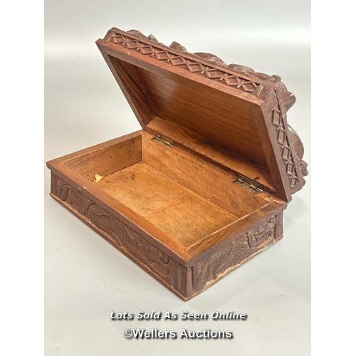 239 - Two decorative wooden boxes including a camphor wood box carved with Serpent / Sea Dragon,  plaque o... 