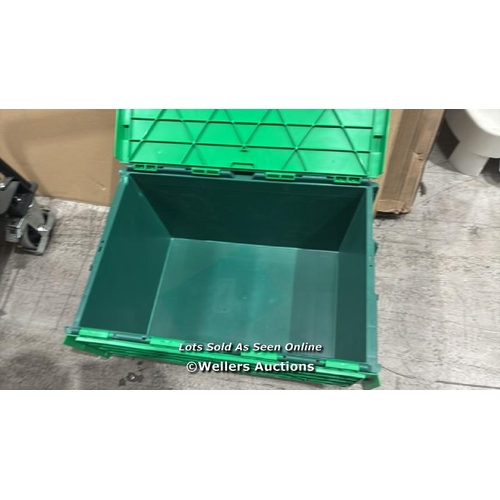 9047 - RRP: 24 / 54 L GREEN TOTE BOX ATTACHED LID CONTAINER / APPEARS NEW