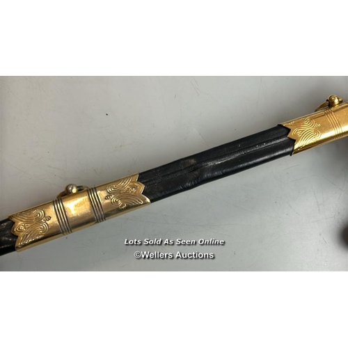 211 - A modern Naval officers sword made by Renown, gilt brass and plastic hilt with Lion motif, blade etc... 