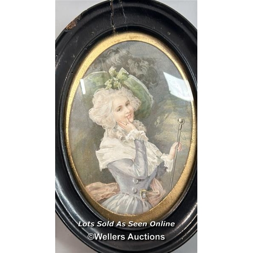 258 - An oval unframed pastel on paper drawing of a lady in 18th century dress,18.5 x 23.5cm, with two sma... 