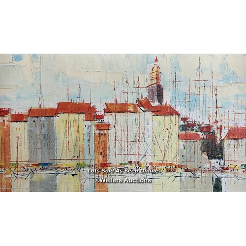 268 - A bright abstract oil on canvas 'Waterside Scene' depicting buildings over water (possibly Venis), s... 