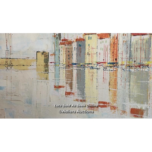 268 - A bright abstract oil on canvas 'Waterside Scene' depicting buildings over water (possibly Venis), s... 