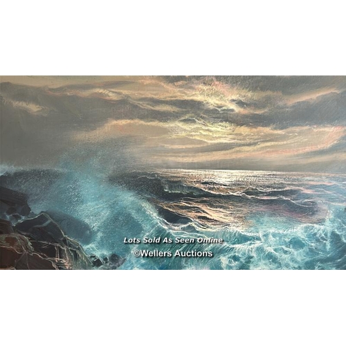 273 - A large oil on canvas seascape depicting crashing waves against rocks, indistinctly signed in red, 9... 