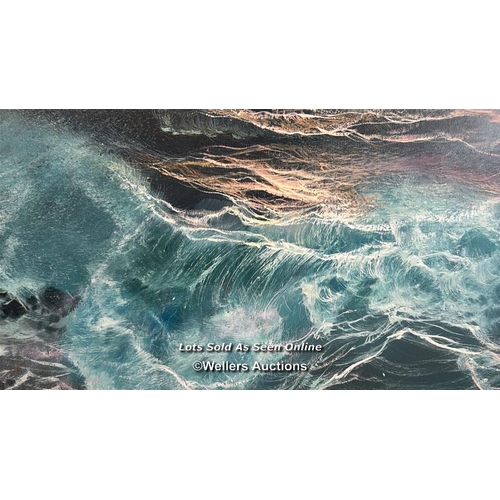 273 - A large oil on canvas seascape depicting crashing waves against rocks, indistinctly signed in red, 9... 