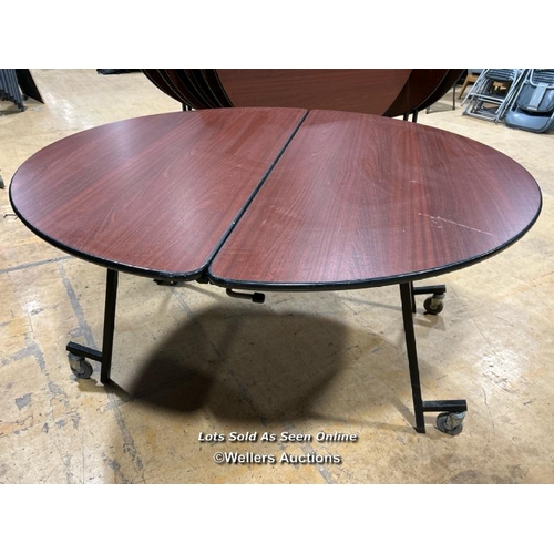 17 - Seven round folding events tables, on castors, 73cm (h) x 154cm (dia) / Buyer will be responsible fo... 