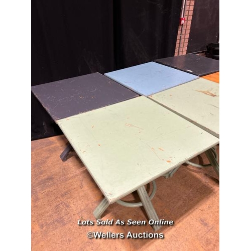 28 - Seven oak tables, assorted colours, 73cm (h) x 79cm x 79cm square / Buyer will be responsible for re... 