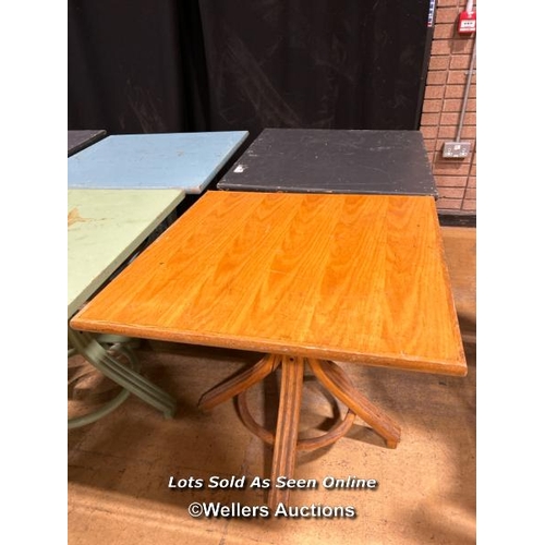 28 - Seven oak tables, assorted colours, 73cm (h) x 79cm x 79cm square / Buyer will be responsible for re... 