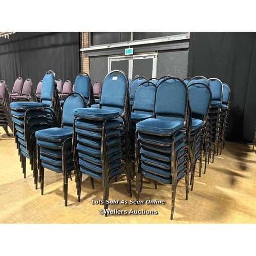 32 - Approx 200x blue upholstered metal stacking chairs, all approx  91cm (h) 41cm (w) x 42cm (d) / Buyer... 