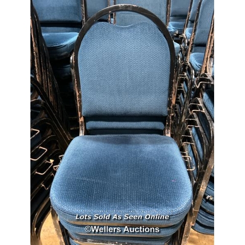 32 - Approx 200x blue upholstered metal stacking chairs, all approx  91cm (h) 41cm (w) x 42cm (d) / Buyer... 