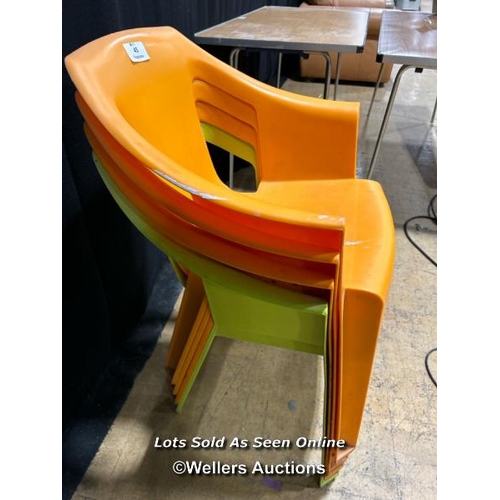 45 - Four plastic stacking chairs, 79cm (h) x 58cm (w) x 44cm (d) / Buyer will be responsible for removal... 