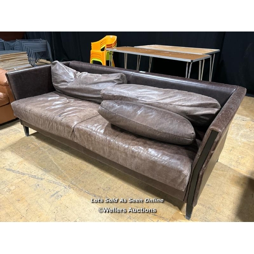 47 - Faux leather sofa, 74cm (h) x 209cm (w) x 89cm (d), missing one cushion / Buyer will be responsible ... 