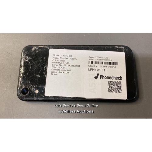 9623 - IPHONE XR / A2105 / BLACK/64GB / IMEI-353081109833726  / I-CLOUD LOCKED (BACK GLASS DAMAGE)