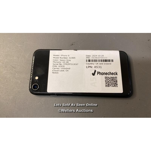 9637 - IPHONE 8 / A1905 / SPACE GRAY/64GB / IMEI-356396107101133  / I-CLOUD LOCKED