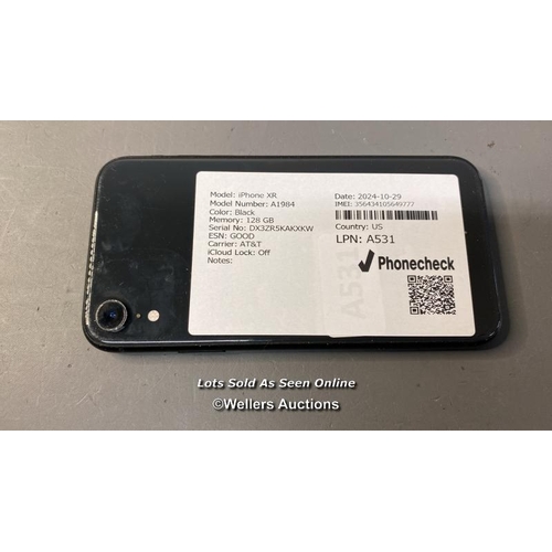 9642 - IPHONE XR / A1984 / BLACK/128GB / IMEI-356434105649777  / I-CLOUD UNLOCKED