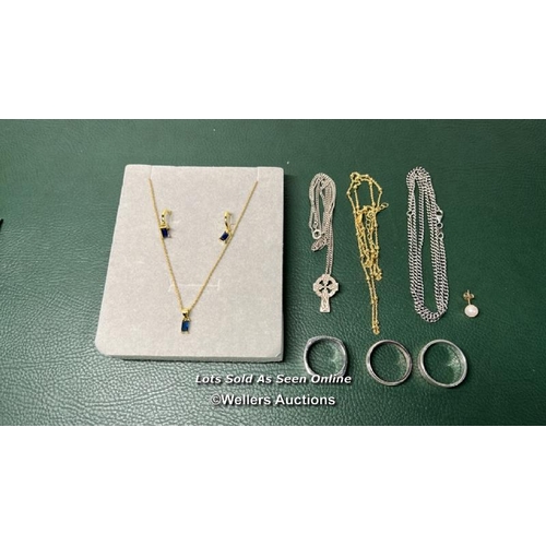 9698 - X9 SILVER INC. NECKLACES, CHAIN NECKLACE, RINGS, PEARL EARRING, PINGENT, SET OF BLUE STONE EARRINGS ... 