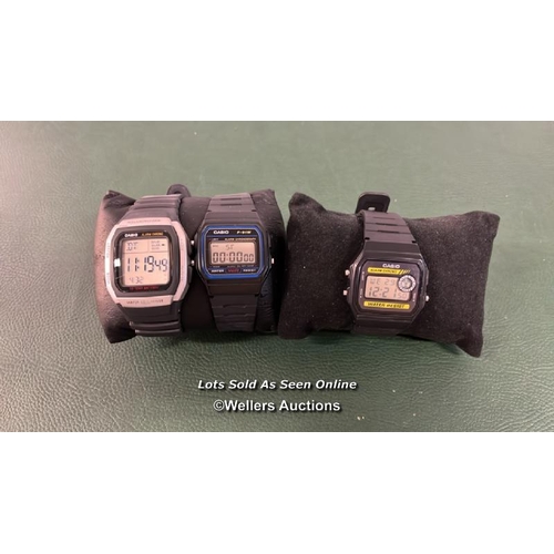 9720 - 3X WATCH INC. CASIO ILLUMINATOR, CASIO F-94W, CASIO F-91 - SCREEN DAMAGED