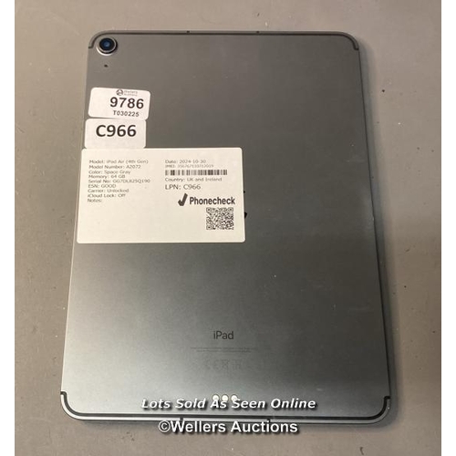 9786 - IPAD AIR (4TH GEN)  / A2072 / SPACE GRAY/64GB / IMEI- 356767110712019  / I-CLOUD UNLOCKED (DISPLAY D... 