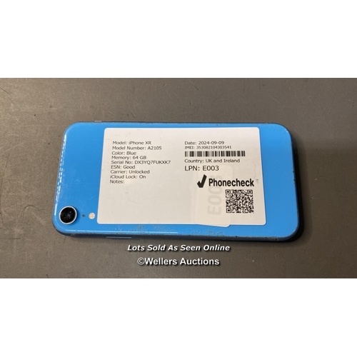 9811 - IPHONE XR / A2105 / BLUE/64GB / IMEI-353082104303541  / I-CLOUD LOCKED