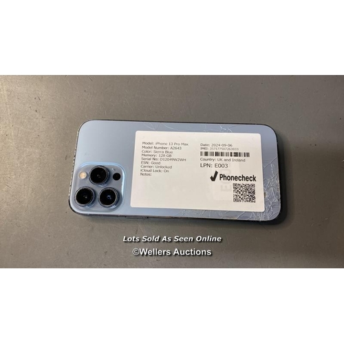 9821 - IPHONE 13 PRO MAX / A2643 / SIERRA BLUE/128GB / IMEI-35717507263833  / I-CLOUD LOCKED (BACK GLASS DA... 