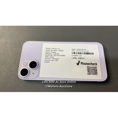 9824 - IPHONE 14 / A2649/COLOR-PURPLE/128GB / IMEI- 356795456314439  / I-CLOUD UNLOCKED