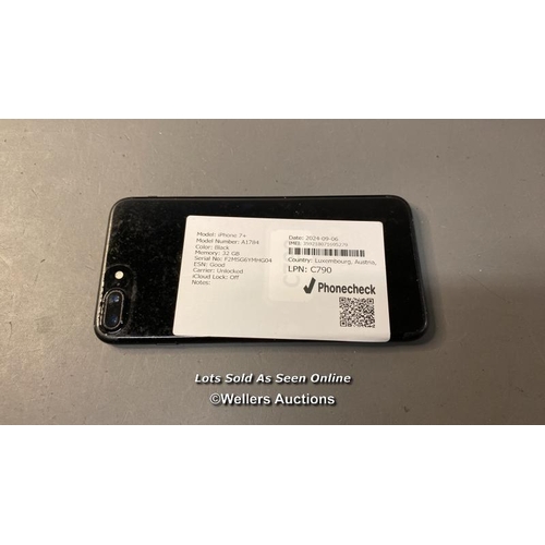 9861 - IPHONE 7+ / A1784 / BLACK/32GB / IMEI-359218071695279  / I-CLOUD UNLOCKED (SCREEN DAMAGE)