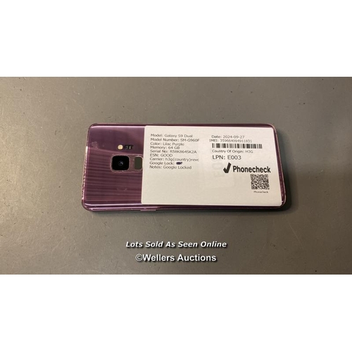 9880 - GALAXY S9 DUAL/SM-G960F / LILAC PURPLE/64GB / IMEI-359664094911831 GOOGLE ACCOUNT LOCKED (SCREEN DAM... 