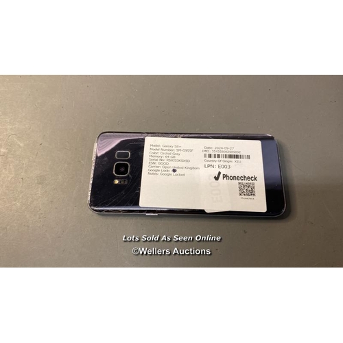 9882 - GALAXY S8+/SM-G955F / ORCHID GRAY/64GB / IMEI-354358082989892 GOOGLE ACCOUNT LOCKED/(SCREEN&BACK DAM... 