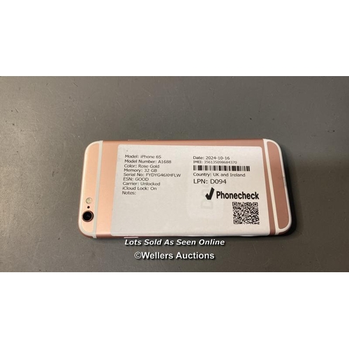 9898 - IPHONE 6S / A1688 / ROSE GOLD/32GB / IMEI-356135098684370  / I-CLOUD LOCKED