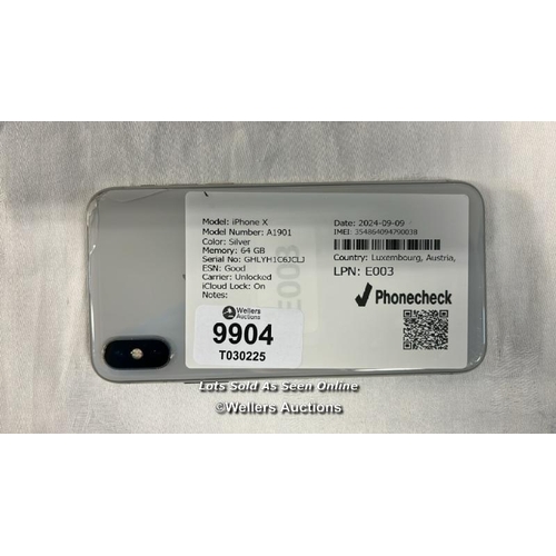 9904 - IPHONE X / A1901 / 64GB / SILVER / IMEI: 354864094790038 / I-CLOUD LOCKED - BACK DAMAGED