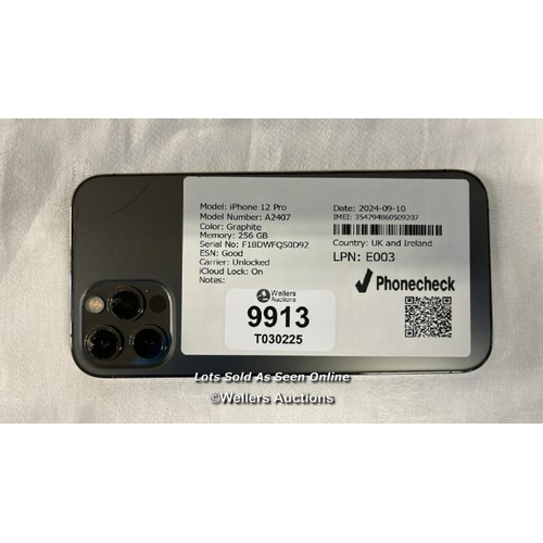 9913 - IPHONE 12 PRO / A2407 / 256GB / GRAPHITE / IMEI: 354794860509207 / I-CLOUD LOCKED - SCREEN AND BACK ... 