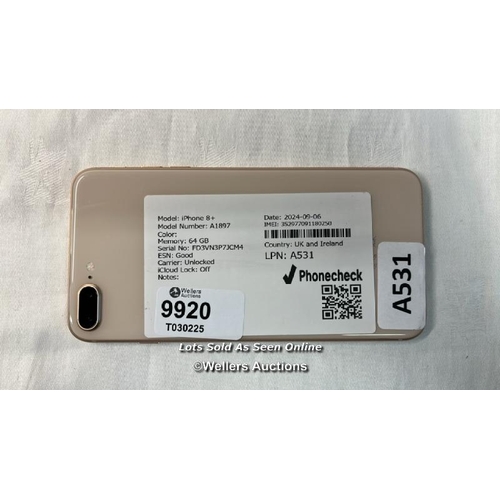 9920 - IPHONE 8+ / A1897 / 64GB / IMEI: 452977091180250 / I-CLOUD UNLOCKED