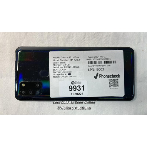 9931 - SAMSUNG GALAXY A21S DUAL/SM-A217F / 32GB / BLACK / IMEI: 351964886567801 / GOOGLE LOCKED