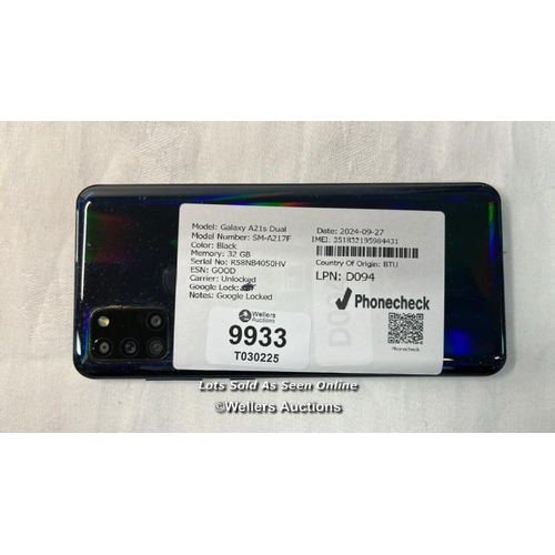 9933 - SAMSUNG GALAXY A21S DUAL / SM- A217F / 32GB / BLACK / IMEI: 351832195984431 / GOOGLE LOCKED