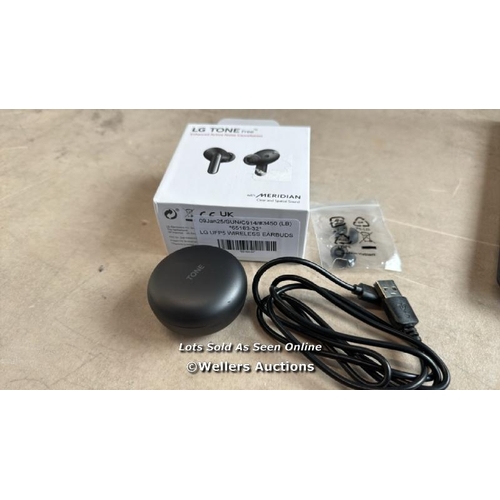 8950 - LG UFP5 WIRELESS EARBUDS / POWERS UP / MINIMAL IF ANY SIGNS OF USE / CONNECTS TO BT / WITH CHARGING ... 