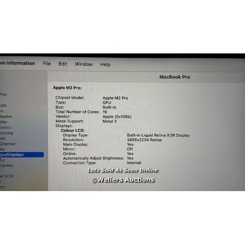 8997 - APPLE MACBOOK PRO, APPLE M2 PRO CHIP 12-CORE CPU, 19-CORE GPU, 16GB RAM, 512GB SSD, 16 INCH IN SPACE... 