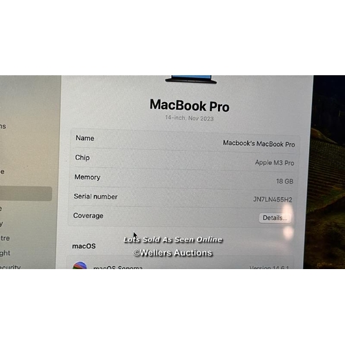 8965 - APPLE MACBOOK PRO, APPLE M3 PRO CHIP 11-CORE CPU, 14-CORE GPU, 18GB RAM, 512GB SSD, 14 INCH IN SPACE... 