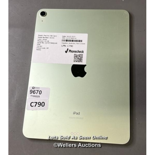 9670 - IPAD AIR(4TH GEN) A2316 / GREEN / 64GB / IMEI-GG7DT3R8Q16R (I-CLOUD UNLOCKED)