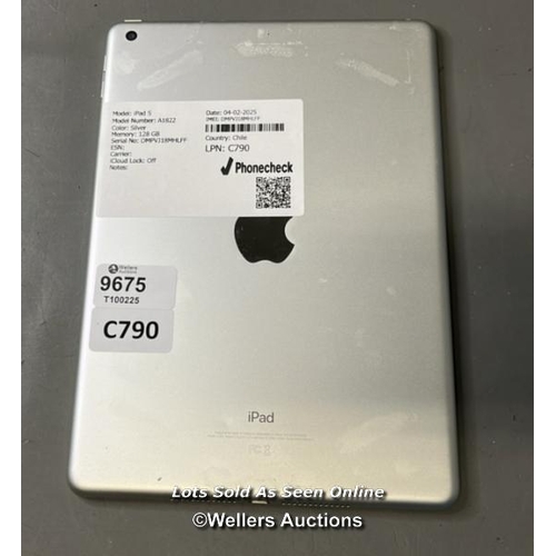 9675 - IPAD 5 / A1822 / SILVER / 128GB / IMEI-DMPVJ18MHLFF (I-CLOUD UNLOCKED)