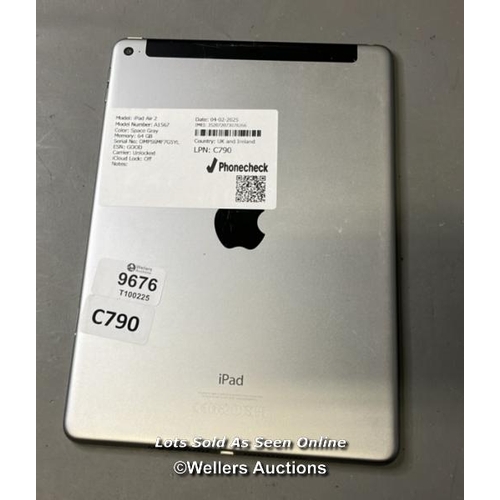 9676 - IPAD AIR 2 / A1567 / SPACE GRAY / 64GB / IMEI-352072073078266 (I-CLOUD UNLOCKED)