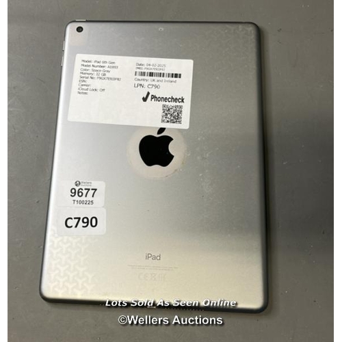 9677 - IPAD 6TH GEN / A1893 / SPACE GRAY / 32GB / IMEI-F9GX7E9JJF8J (I-CLOUD UNLOCKED)