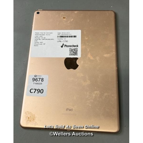 9678 - IPAD AIR(3RD GEN) A2152 / GOLD / 64GB / IMEI-DMPZM64WLMPG (I-CLOUD UNLOCKED)