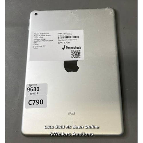 9680 - IPAD 6TH GEN / A1893 / SILVER / 32GB / IMEI-F9FWN7SBJF8K (I-CLOUD UNLOCKED)