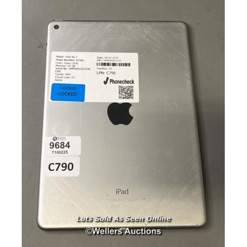 9684 - IPAD AIR 2 / A1566 / SPACE GRAY / 64GB / IMEI-DMPRJDUSG5VW (I-CLOUD LOCKED)