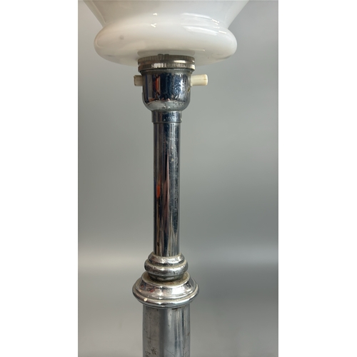 31 - Vintage art deco chrome and milk glass uplighter table lamp, in working order, 47cm high, 25cm diame... 