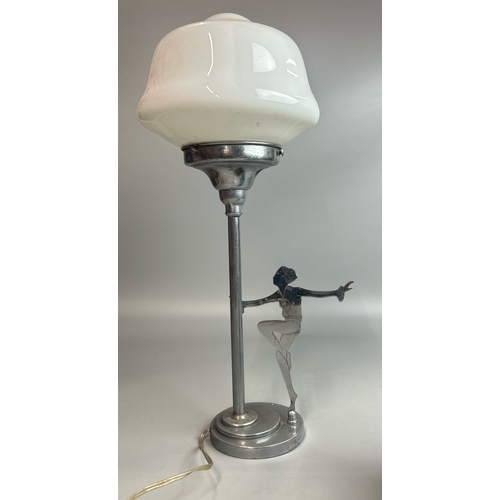 33 - Vintage art deco chrome and milk glass table lamp with dancer figure, in working order, 48cm high, 2... 