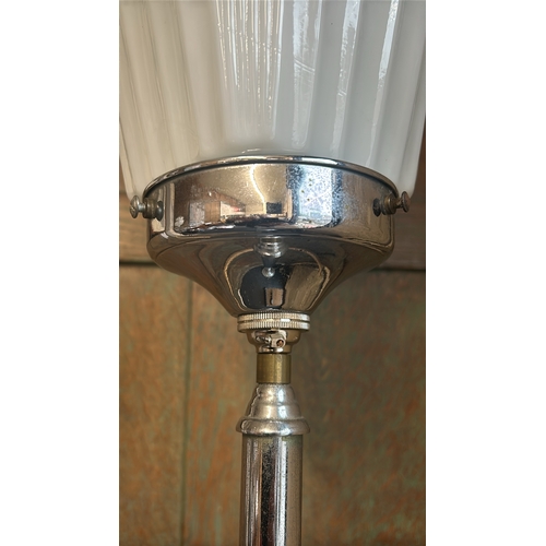 37 - Vintage art deco chrome and milk glass floor lamp, in working order, 183cm high, shade 18cm wide, ba... 