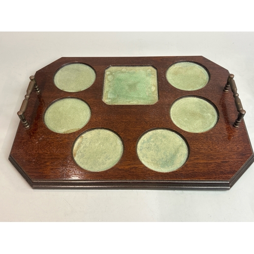 44 - A crystal decanter and six matching glasses on a fitted wooden tray with brass handles, all in good ... 