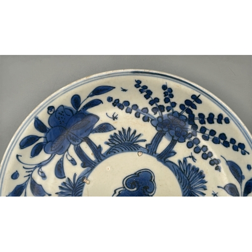 55 - A small Chinese Wanli period blue and white porcelain shallow bowl decorated with a central cloud su... 