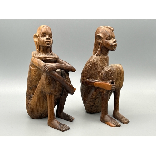 62 - Six carved African tribe figurines including three gourds and one speer, tallest 15 cm high with a d... 