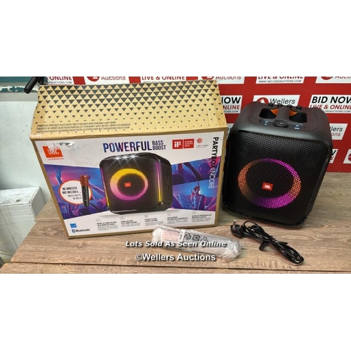 8988 - JBL PARTYBOX SPEAKER WITH MICROPHONE, APPEARS NEW OPEN BOX, CONNECTS TO BT, PLAYS MUSIC / E55